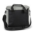 A grey and black cooler bag with a sturdy handle and adjustable shoulder strap, featuring a logo on the side.