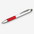 A metal pen featuring a red and white design with a shiny silver clip. It has a textured grip section.