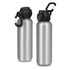 A drink bottle made of recycled aluminium, featuring a silver finish and a black lid with a carrying handle.