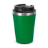 A green coffee cup with a stainless steel band and a black lid. It features a sealed top for easy drinking.