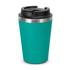 A teal coffee cup with a black lid and stainless steel band. It has a sleek, modern design and a branding logo.