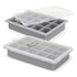 A grey ice tray with a lid, featuring multiple compartments for ice cubes. Includes a logo on the lid.