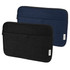 A laptop sleeve in navy blue and black, made from recycled canvas, featuring a zip closure and branding.