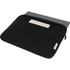 A black recycled canvas laptop sleeve featuring a front pocket and a zip closure. It has a branding logo.