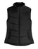 A black ladies vest featuring a zip closure and two front pockets, with a quilted design. 