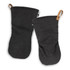Two black canvas oven mitts with a loop for hanging and a branding label on one.