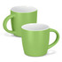 A drinkware set featuring two green coffee mugs with smooth finishes and sturdy handles. Each mug has a white interior.