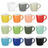 A collection of assorted coffee mugs in various colours, including white, grey, yellow, orange, pink, red, green, and blue. Each mug has a handle and some feature a logo.