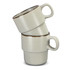 A set of two stackable coffee mugs in light grey with a brown rim, featuring a simple design and a handle.