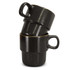 A stack of two black ceramic coffee mugs with a glossy finish and golden rims, featuring handles.