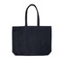 A large black tote bag with two handles and a simple design. Features a logo.