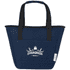 A navy blue cooler tote with black handles and a front pocket featuring a logo. Made from recycled canvas material.