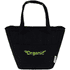 A black cooler tote bag with two handles and a front pocket, featuring a logo and made from recycled canvas.