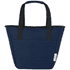 A navy blue cooler tote bag with black handles and a side pocket, featuring a logo.