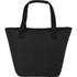 A black recycled canvas cooler tote with a spacious design and sturdy handles, featuring a branding logo.
