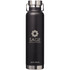 A drink bottle featuring a sleek black design with a stainless steel base and a logo. Holds 650ml.