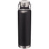 A drink bottle featuring a sleek black design with stainless steel accents and a secure lid.