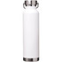 A drink bottle in white with a stainless steel lid and base, featuring a logo. 