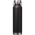 A drink bottle in matte black with a stainless steel base and cap, featuring a handle and a logo.