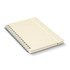 A beige recycled paper spiral notebook with an elastic band and a silver spiral binding.