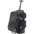 A black wheeled backpack with multiple compartments and a retractable handle. It features zippers and a wheel base.