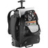A black wheeled backpack featuring multiple compartments, including a padded section for a laptop and mesh pockets.