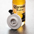 A drink bottle with a white spinner and black bottle opener attached, featuring a logo on the bottle.