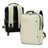 A soft-touch daily backpack in cream and black, featuring padded straps and multiple compartments. It has a logo.