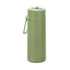 A drink bottle in a soft green colour, featuring a handle and a logo, designed for 600ml capacity.