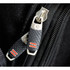 Close-up of black zippers with textured grips and red accents on a backpack. Features a sleek, modern design.
