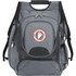 A grey backpack with multiple compartments and a logo on the front. Features padded straps for comfort.