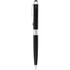 A black stylus pen with a silver band and clip, featuring both a ballpoint and stylus tip.