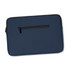 A navy blue soft-touch laptop sleeve with a black zip and a small zippered pocket on the back.