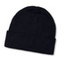 A navy beanie with a rolled cuff and a textured knit design. It features a logo.