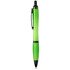 A green recycled pen with a black clip and accents, featuring a sleek design and branding logo.
