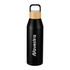 A drink bottle in matte black with a bamboo lid and a handle, featuring a logo on the side.