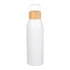 A drink bottle with a white body and a bamboo lid, featuring a handle for easy carrying. It has a logo on the surface.