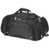 A black duffel bag with multiple compartments, handles, and a shoulder strap. It features logos and branding.