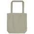 A light grey tote bag with two handles and a simple design, featuring a logo.