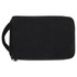 A black toiletry organiser with a zip closure and a carrying handle. It features a branding logo.