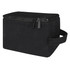 A black toiletry organiser with a zippered closure and a handle for easy transport. It has a simple, rectangular design.