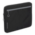 A black laptop sleeve with a zippered front pocket and a logo, designed for a 16-inch laptop.