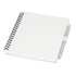 A white spiral-bound journal with a clear pen attached. The journal features a blank cover and has a branding logo.