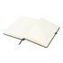 A black notebook with blank pages, opened to show an empty interior. It includes a ribbon bookmark.