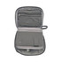 A grey accessory pouch opened, revealing a zippered pocket and a compartment for items. It includes a logo.