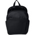 A black recycled anti-theft backpack with a spacious main compartment and front zip pocket. It has a logo on it.