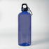 A drink bottle in blue plastic with a black cap and a silver carabiner attached. Features a logo on the side.