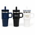 A drink bottle set featuring three travel mugs in navy, black, and white with branded logos and reusable straws.