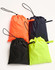 Four drawstring bags in fluorescent orange, black, navy, and bright green, featuring a logo on each.