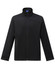 A black men's sustainable softshell jacket with a standing collar and a zip pocket on the front. Features branding.
